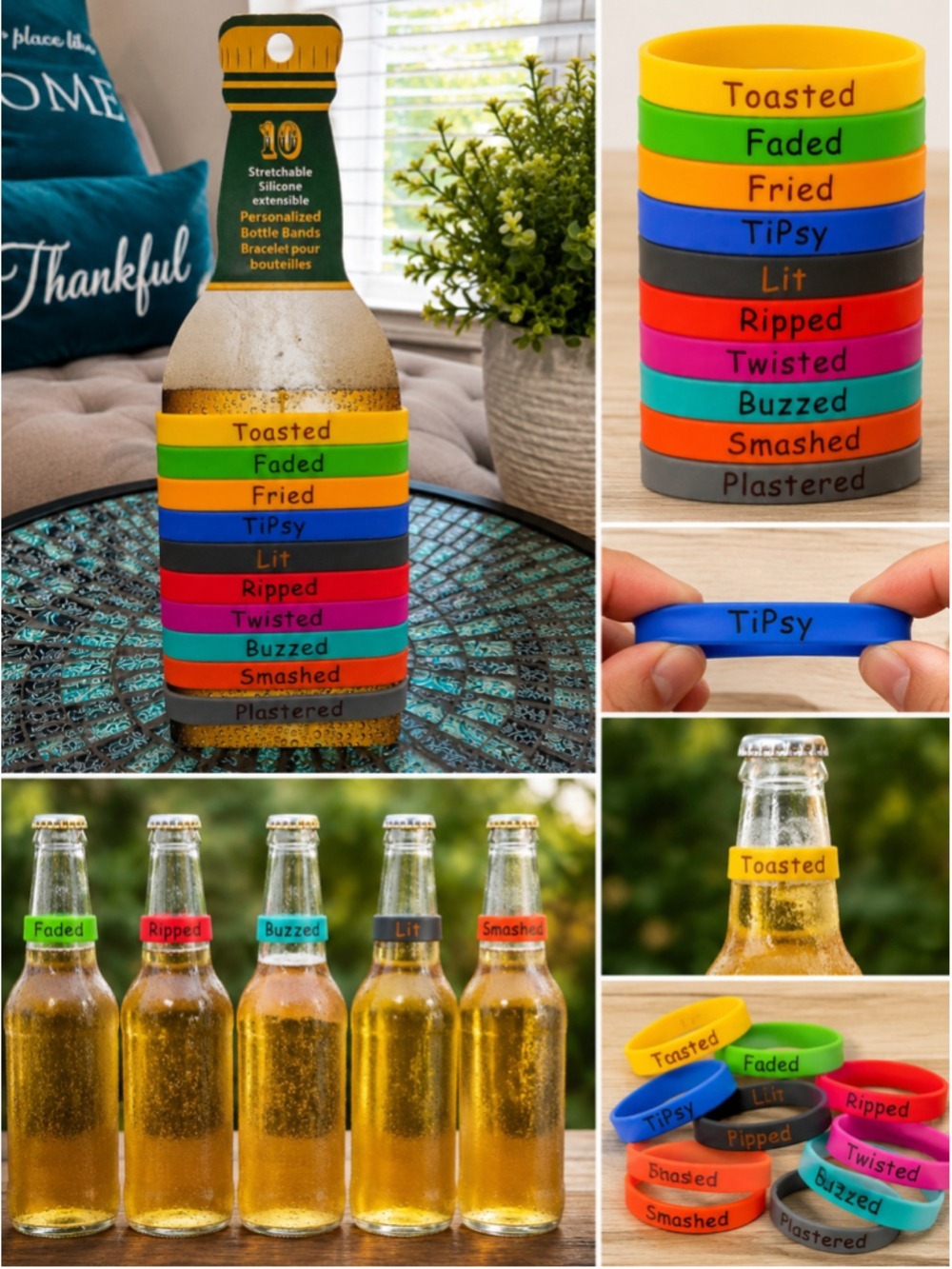 10 Funny Drinking Silicone Bottle Bands | Beer Bottle Party Markers | New